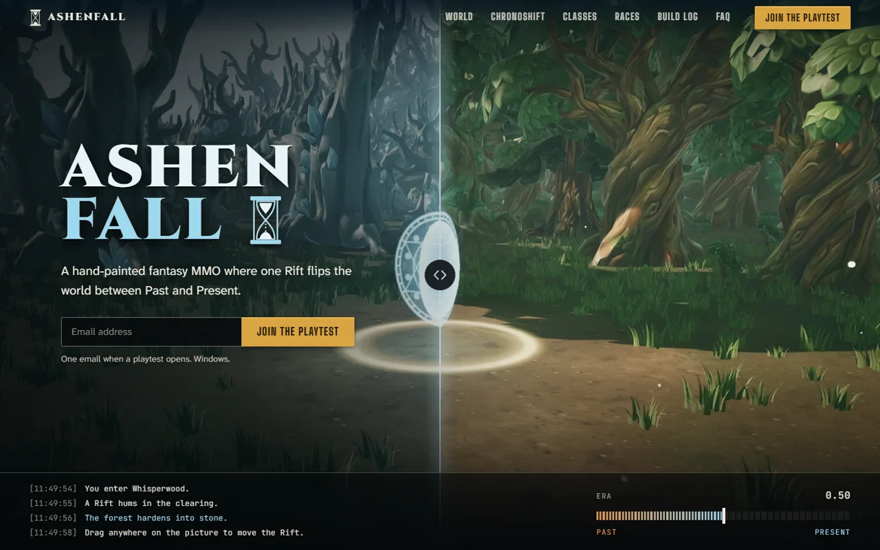 The AshenFall home page: a hand-painted forest scene with a draggable rift and a playtest sign-up