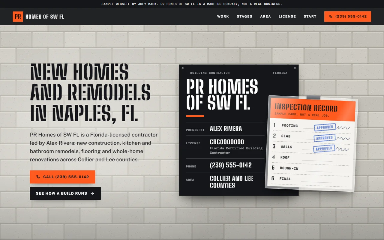The PR Homes of SW FL sample home page: a stencilled permit board and an inspection card on a block wall