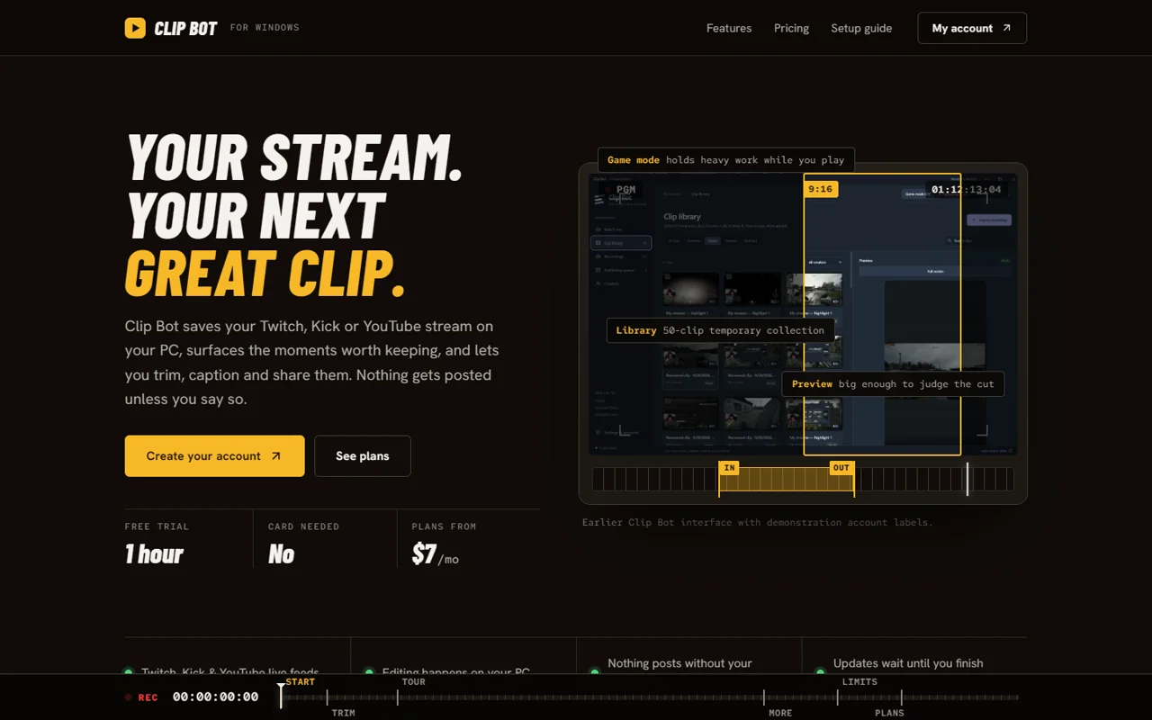 The Clip Bot home page: the headline Your stream, your next great clip beside a screenshot of the Windows clip library