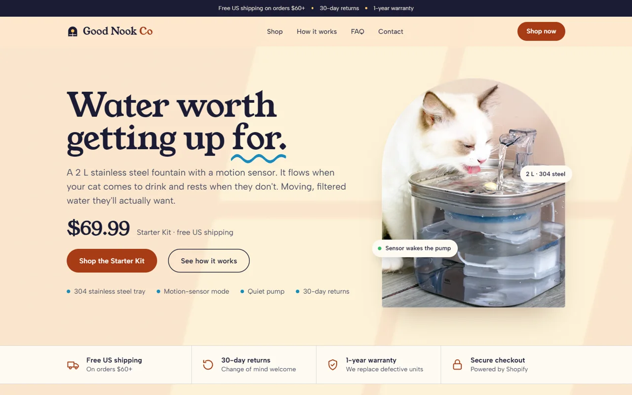 The Good Nook Co home page: the headline Water worth getting up for beside a white cat drinking from a stainless steel fountain in an arched window