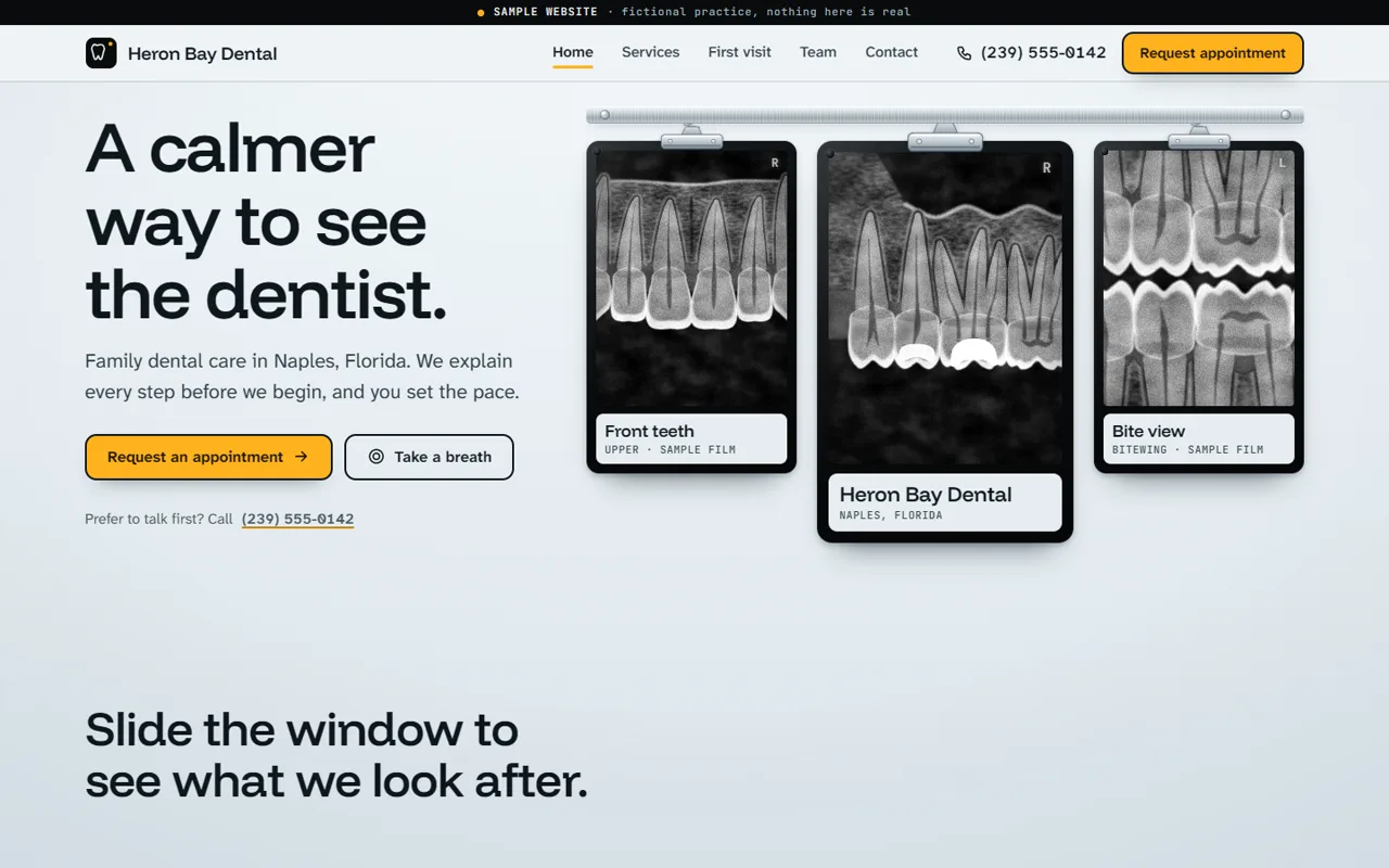 The Heron Bay Dental sample home page: three X-ray films hanging on a backlit wall