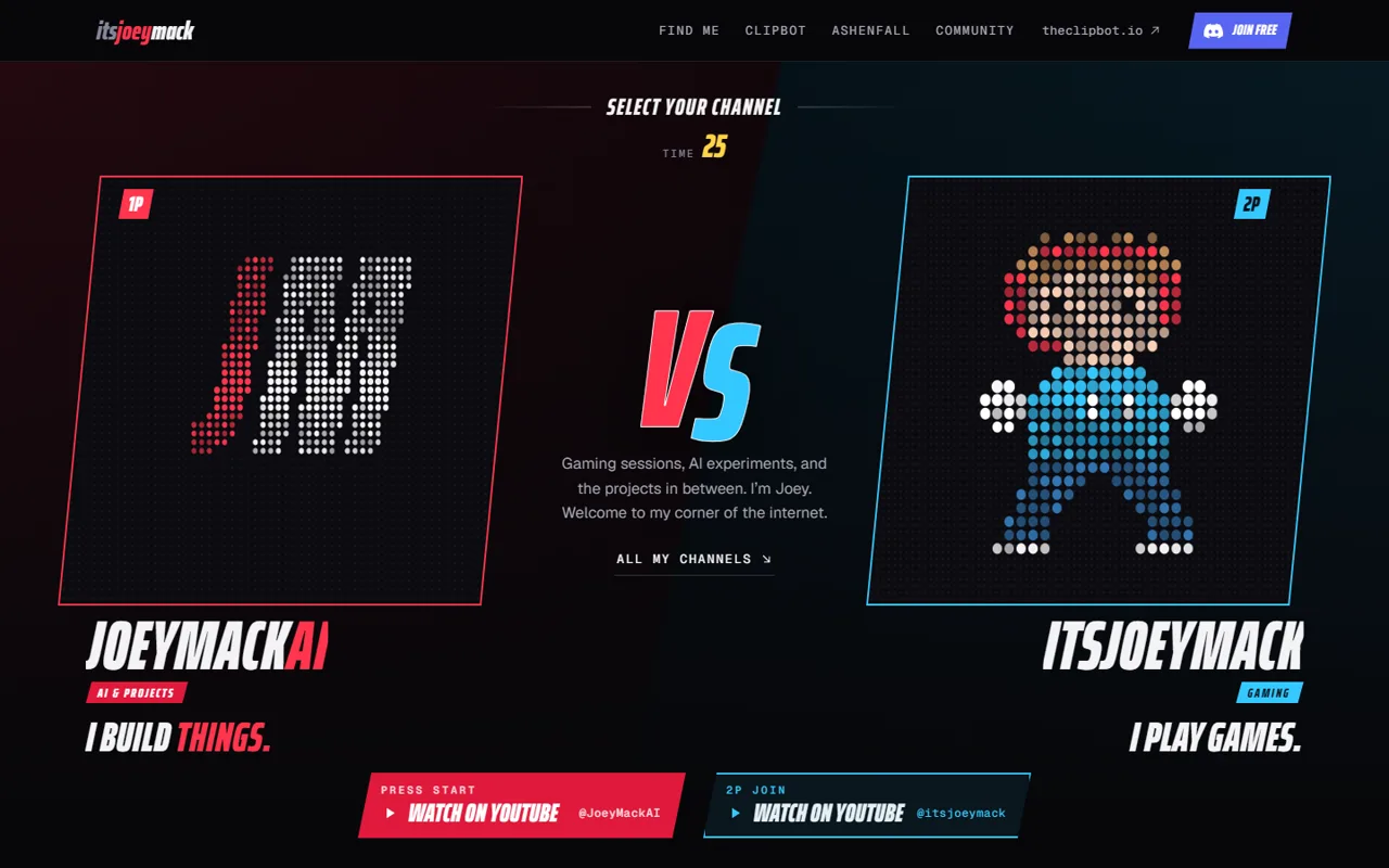 The itsjoeymack home page: a character-select screen with a versus split between the JoeyMackAI and itsJoeyMack channels