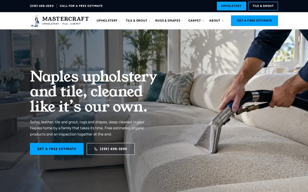 The Mastercraft concept design home page: the headline Naples upholstery and tile, cleaned like it's our own, beside a white sofa being steam cleaned