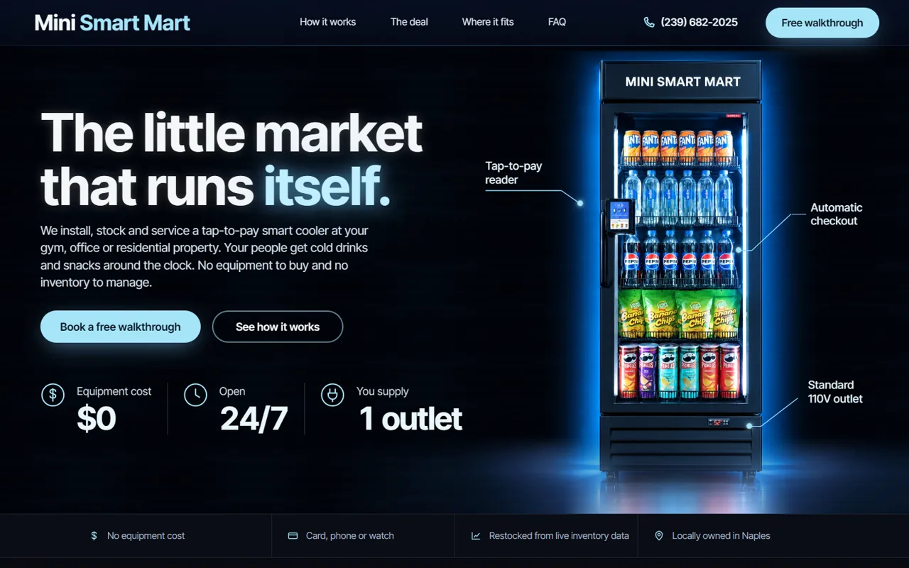 The Mini Smart Mart home page: a glowing smart cooler beside the headline The little market that runs itself