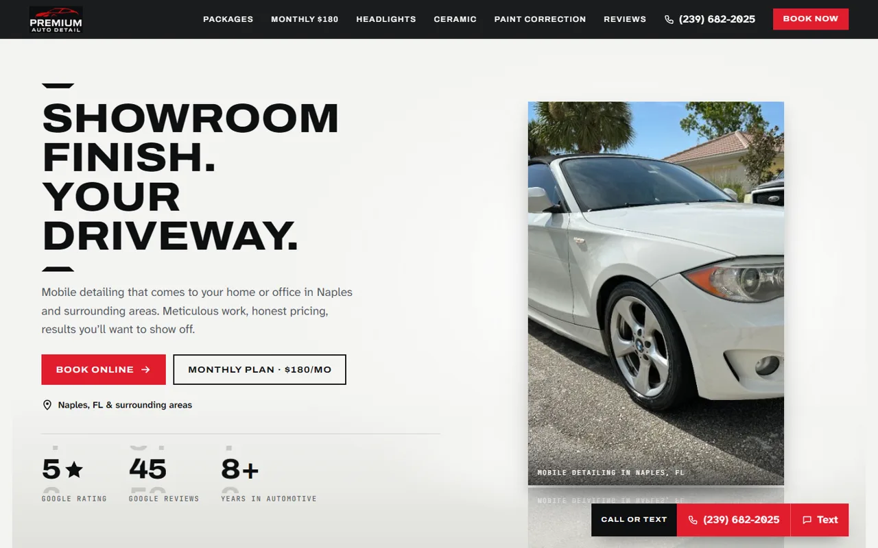 The Premium Auto Detail home page: the headline Showroom finish, your driveway beside a white BMW convertible